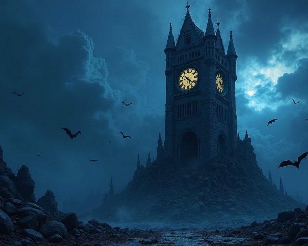 Eerie Landscape with Towering Clock and Misty Rocks