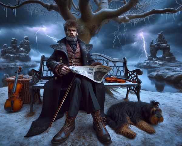 Mysterious Figure on Park Bench in Stormy Landscape