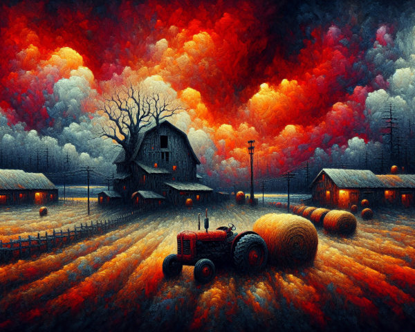 Surreal Dusk Landscape with Tractor and Barn