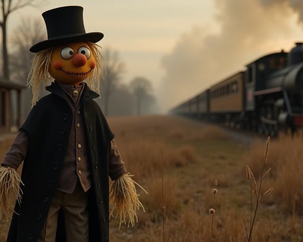 Whimsical Scarecrow and Steam Train in Serene Field