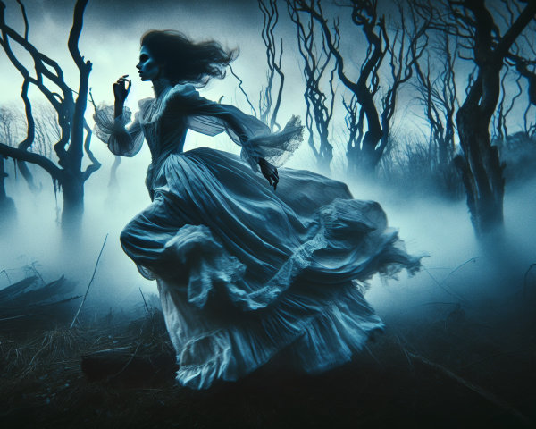 Ghostly Figure in White Gown in Foggy Forest