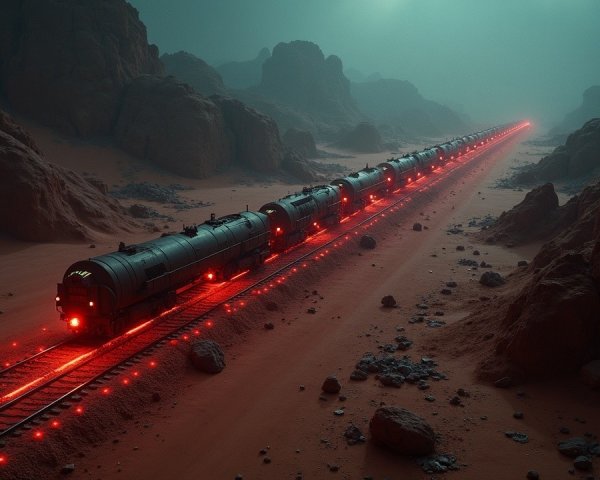 Futuristic Train on Glowing Red Tracks in Rocky Landscape