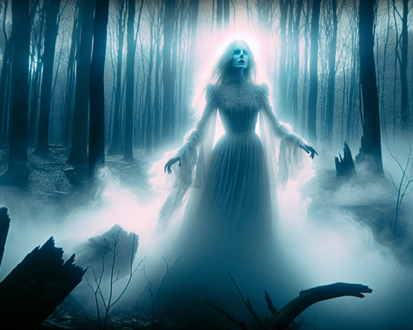 Ghostly Figure in Misty Forest with Ethereal Glow