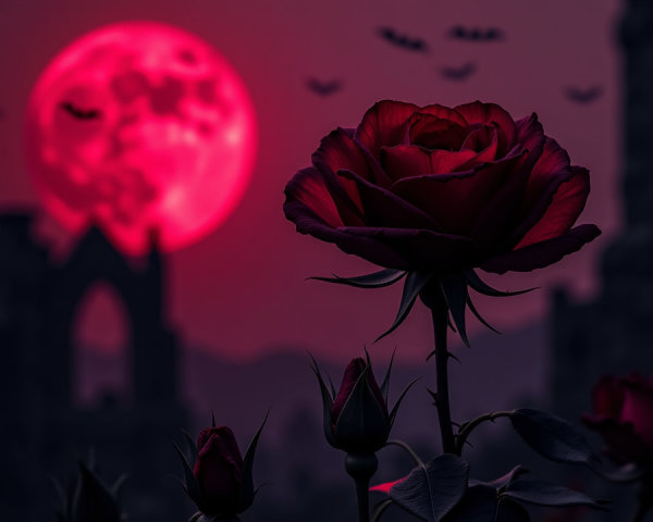 Dark Red Rose Against Deep Pink Moon and Ruins