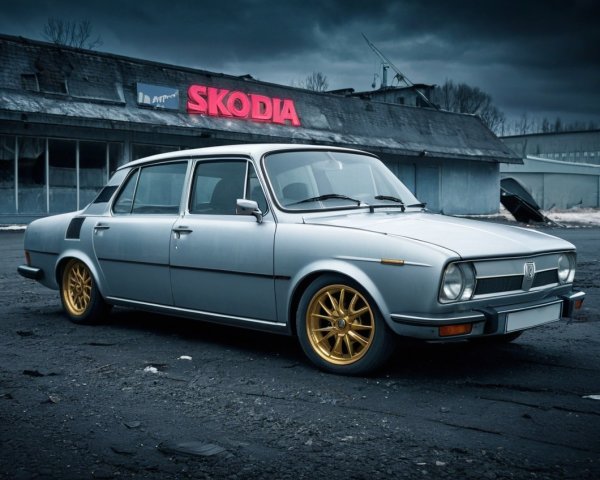 Classic Silver Sedan in Abandoned Urban Setting