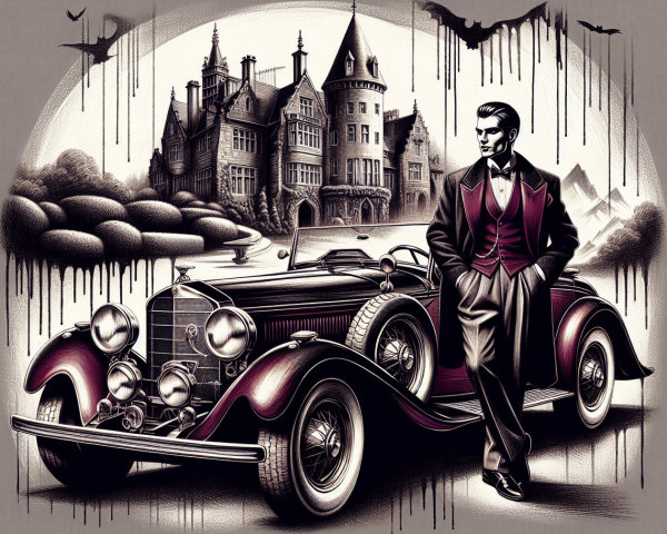 Elegant Figure in Formal Attire by Vintage Car