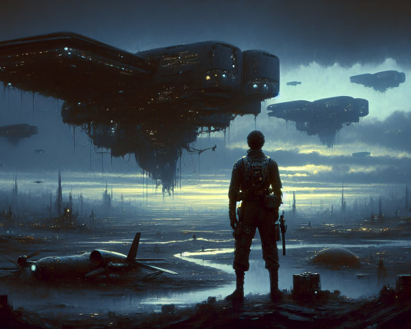 Dystopian Landscape with Hovering Structures and Ruins