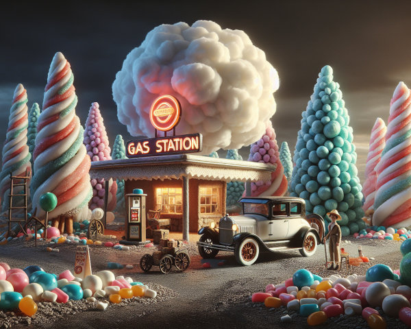 Whimsical Gas Station in a Candy Wonderland Setting