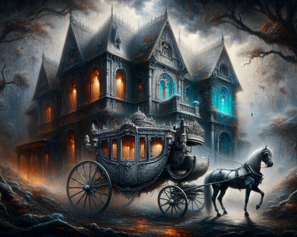 Gothic Carriage and Mansion Under Misty Sky