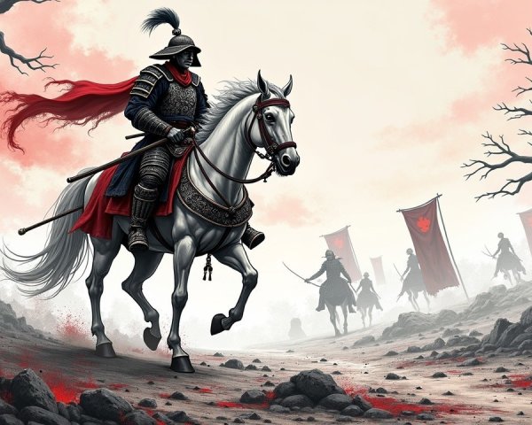 Dark-armored knight on a white horse in misty landscape