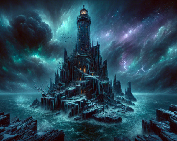 Haunting Lighthouse on Jagged Rocks in Stormy Seas