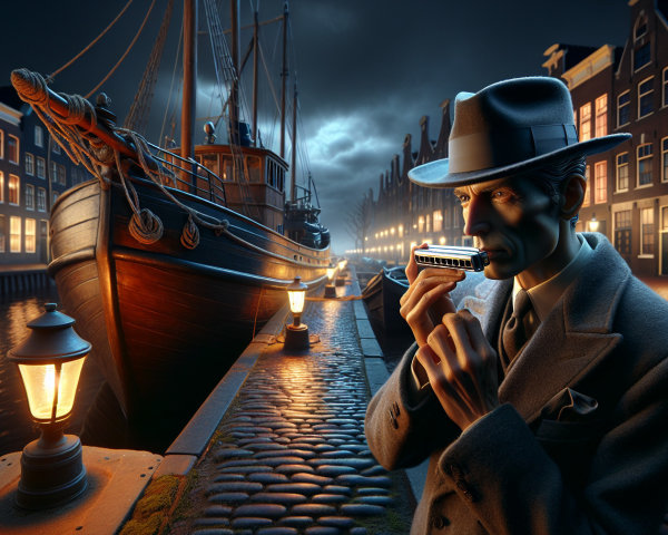 Nighttime Canal Scene with Harmonicas and Vintage Ship