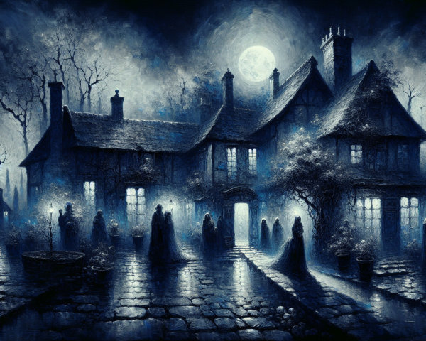 Haunted Village Night Scene with Ghosts and Moonlight