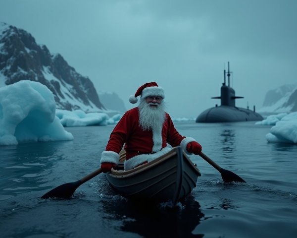 Surreal Winter Scene with Santa in a Boat Among Icebergs
