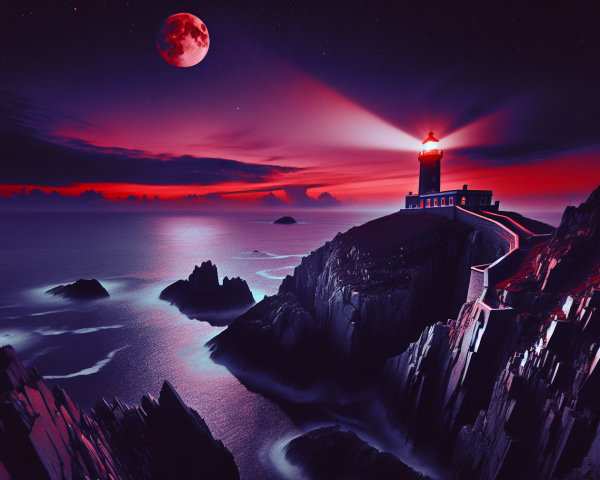 Lighthouse on Cliffs with Twilight Sky and Ocean Waves