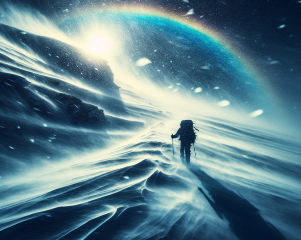 Lone Figure in Snowstorm with Ethereal Rainbow