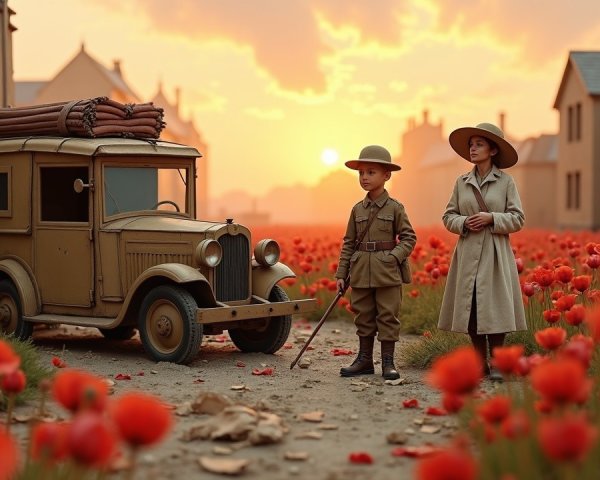Sunset Scene with Boy in Uniform and Antique Car