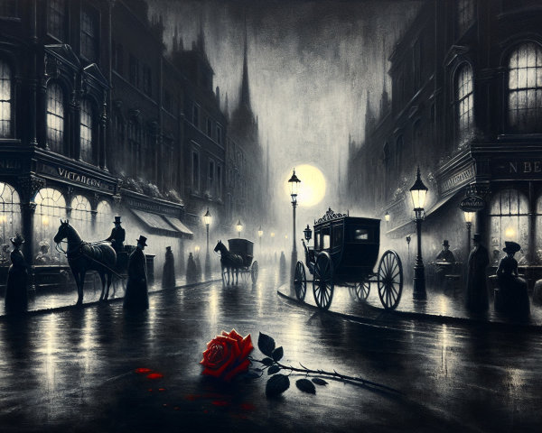 Misty Vintage Night Street with Gas Lamps and Carriages