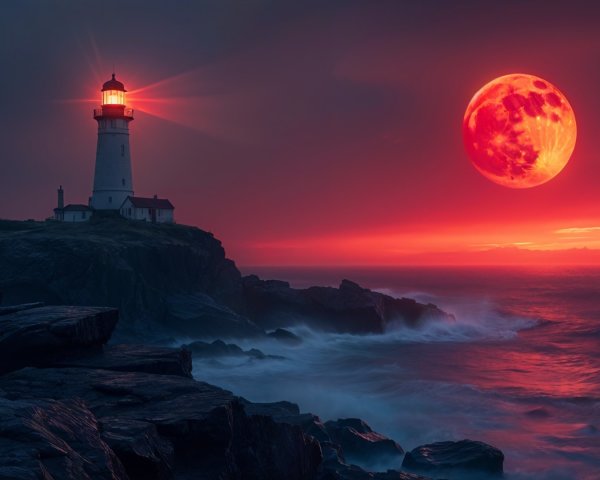 Lighthouse on Cliff with Dramatic Sunset and Moon