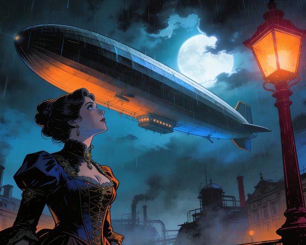 Victorian-era female character under a giant airship