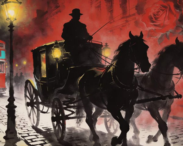 Vivid Night City Street Scene with Carriage and Tram