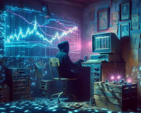 Hooded Figure Analyzing Financial Data in Dim Room