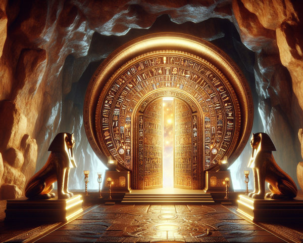 Ancient Chamber with Hieroglyphic Door and Sphinx Statues