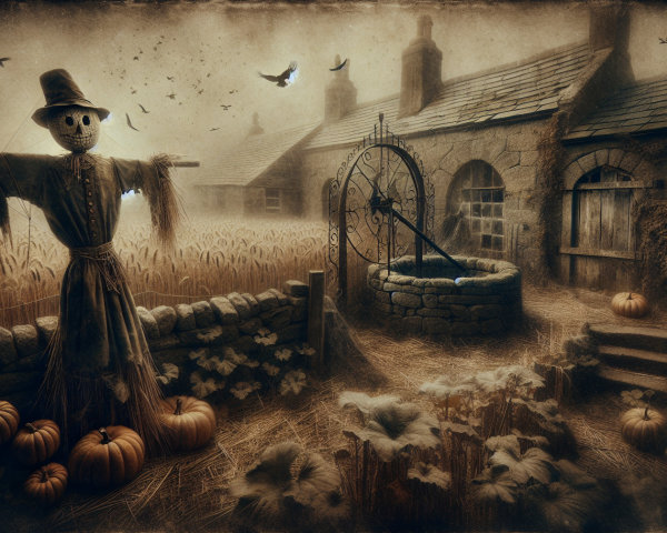 Sepia-Toned Scarecrow in a Wheat Field Scene