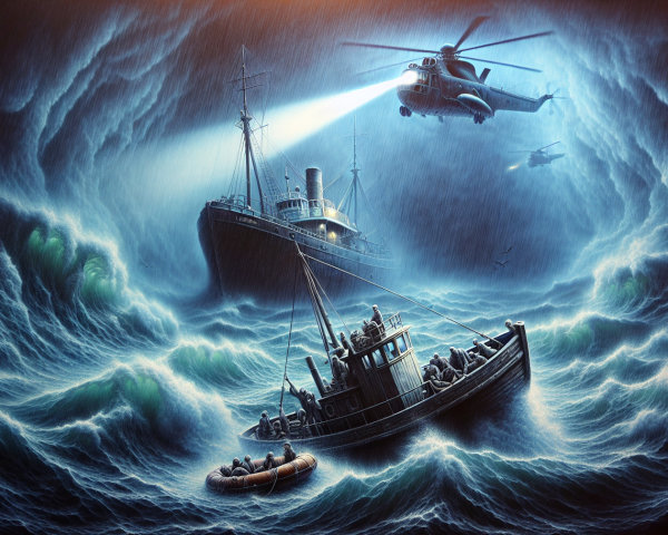 Stormy Seas with Ship and Helicopter Rescue Scene
