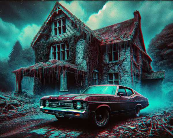 Vintage Car Near Eerie Mansion in Foggy Setting
