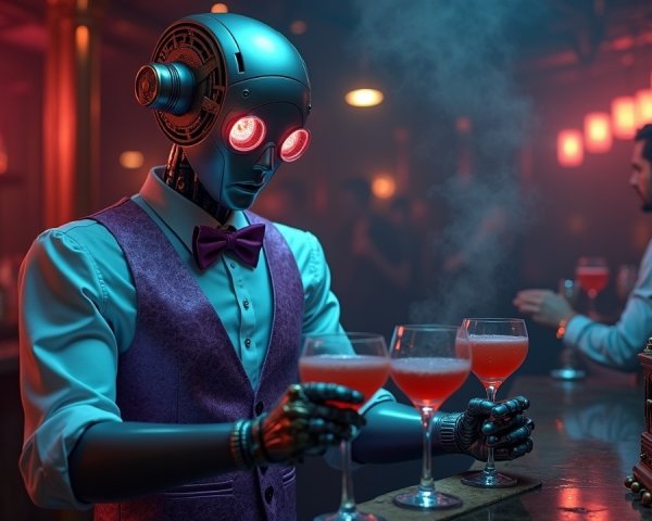 Futuristic Robot Bartender Serves Red Cocktails in Bar