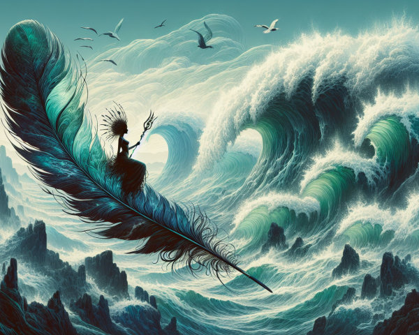 Majestic Feather Throne with Serene Figure by Ocean