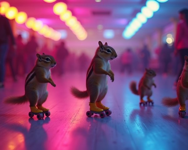 Chipmunks Skating at a Colorful Roller Rink