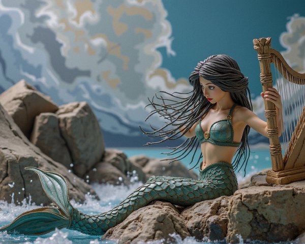 Mermaid Figurine Playing Harp on Rocky Shore