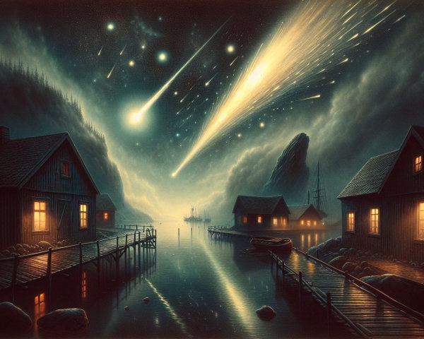 Tranquil Coastal Village at Night with Celestial Sky