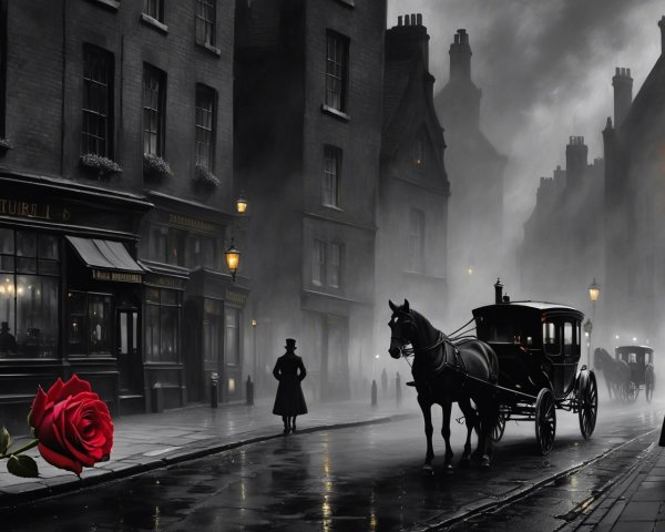 Foggy Victorian Street Scene with Gas Lamps and Carriage