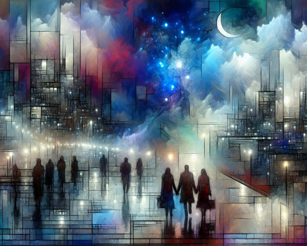 Colorful Abstract Cityscape at Night with Silhouettes