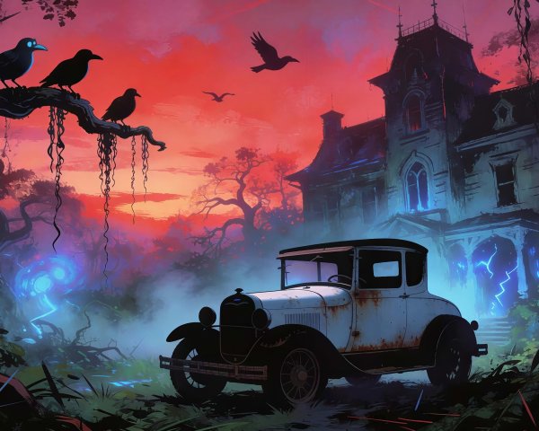 Haunted Halloween Scene with Crows and Vintage Car