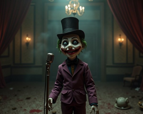 Sinister Clown Doll on Stage in Dimly Lit Room