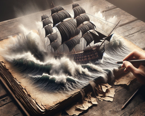 Illustrated Book with 3D Sailing Ship and Waves