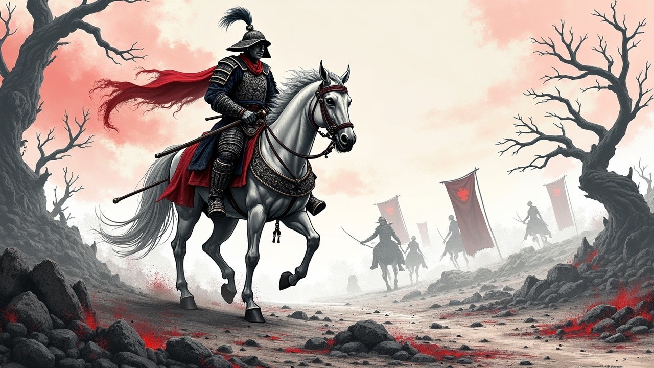 Dark-armored knight on a white horse in misty landscape