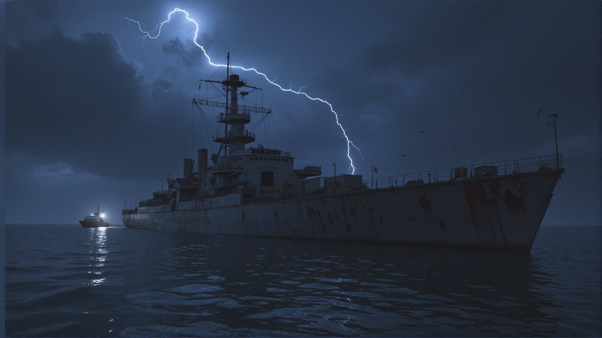 Stormy Night Scene with Battleship and Lightning