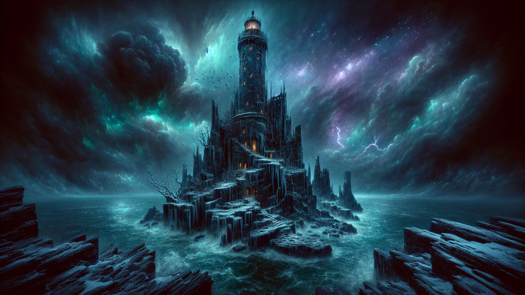 Haunting Lighthouse on Jagged Rocks in Stormy Seas