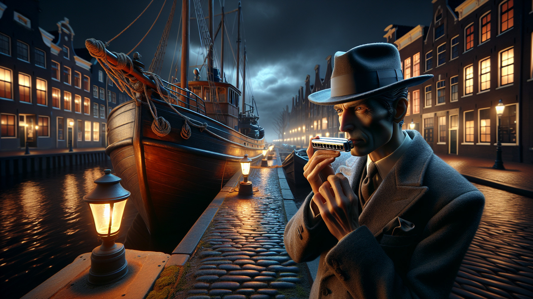 Nighttime Canal Scene with Harmonicas and Vintage Ship