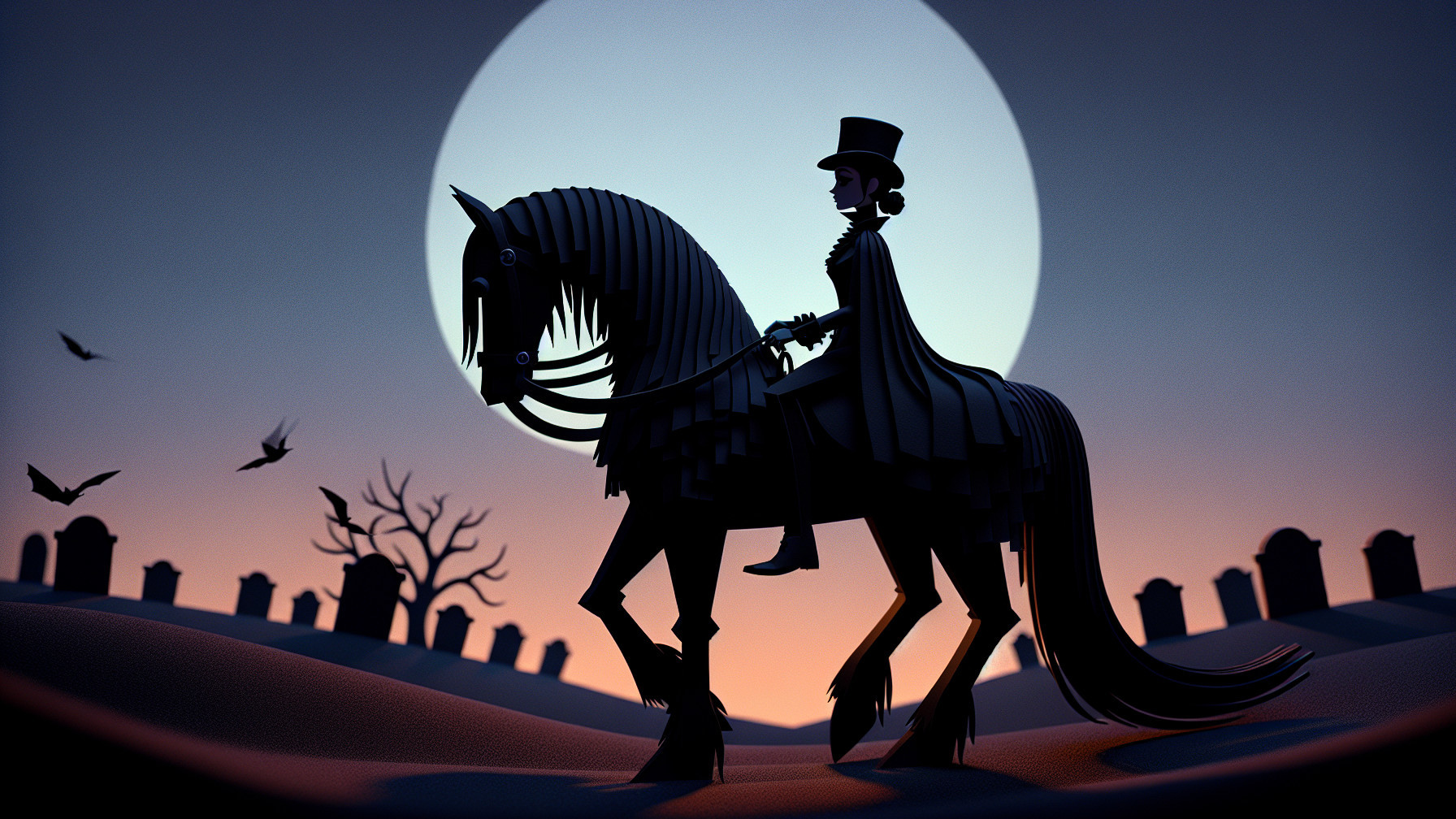 Silhouette of Rider on Horse Against Luminous Moon