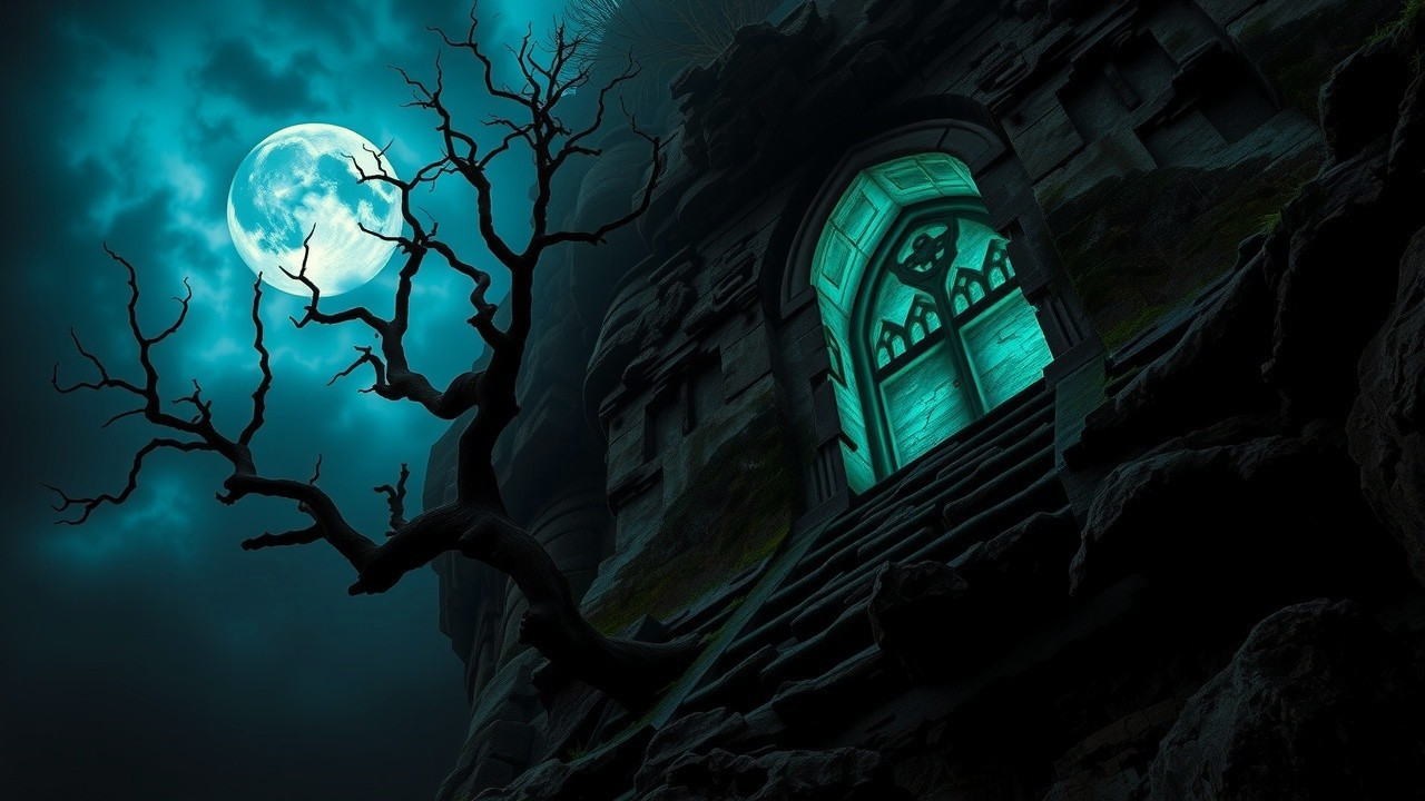 Haunting Scene of Stone Structure Under Full Moon