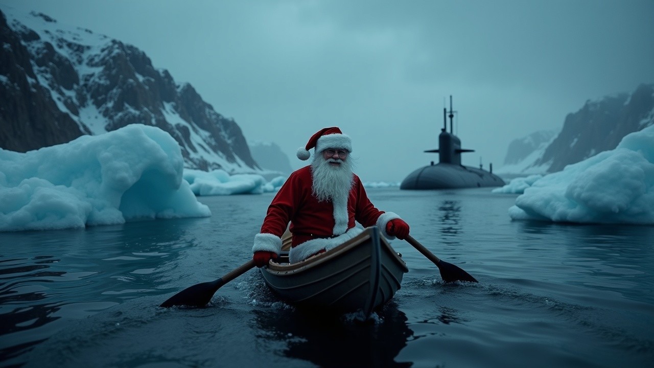 Surreal Winter Scene with Santa in a Boat Among Icebergs