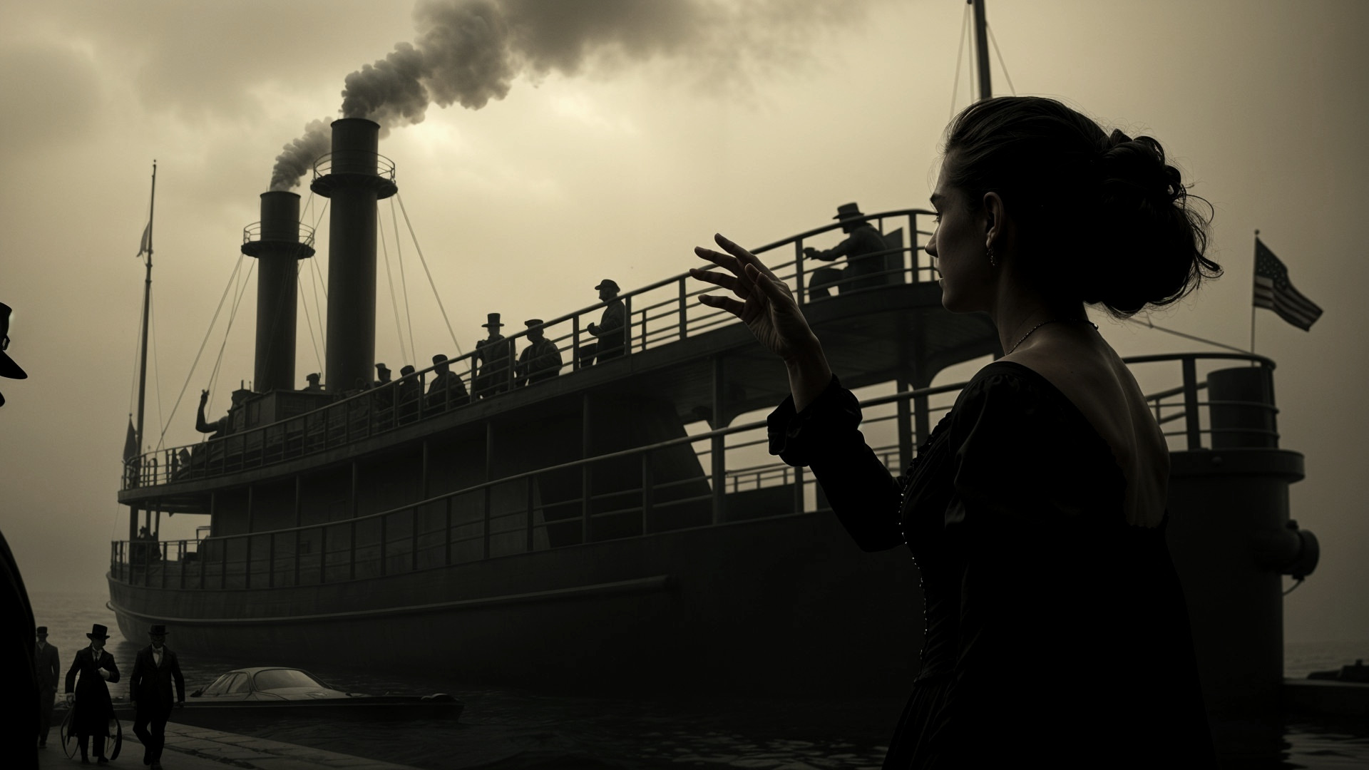 Mysterious Woman at Foggy Waterfront with Steamship