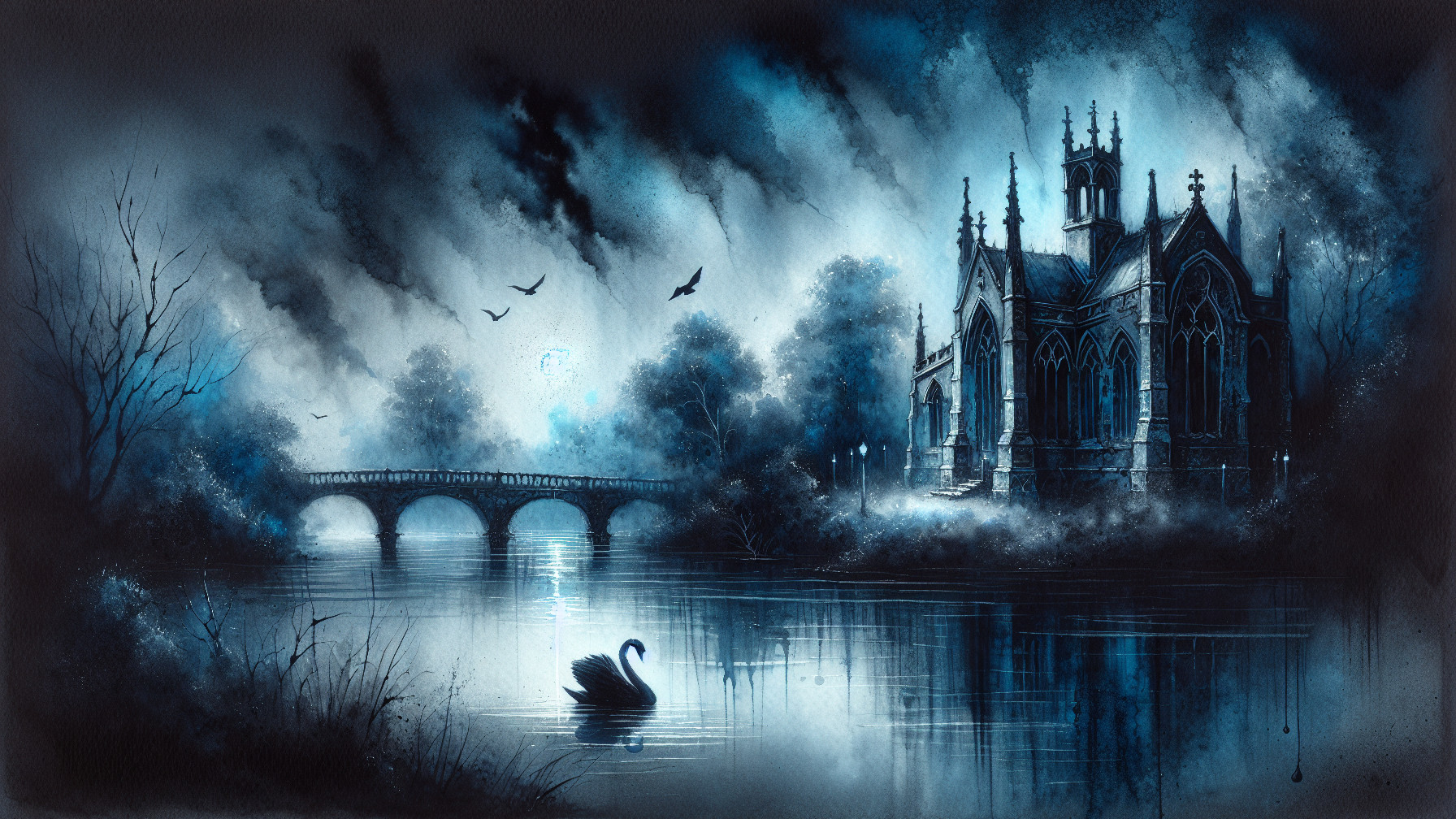 Gothic Church in Serene Misty Landscape Scene