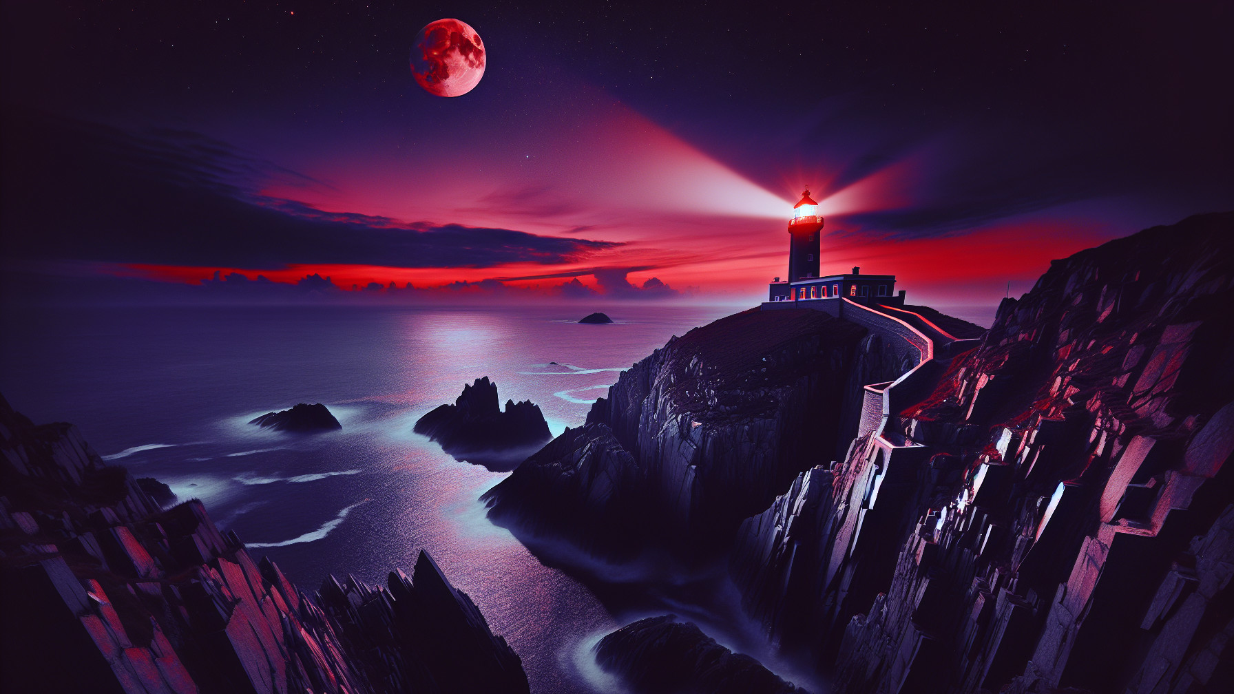 Lighthouse on Cliffs with Twilight Sky and Ocean Waves
